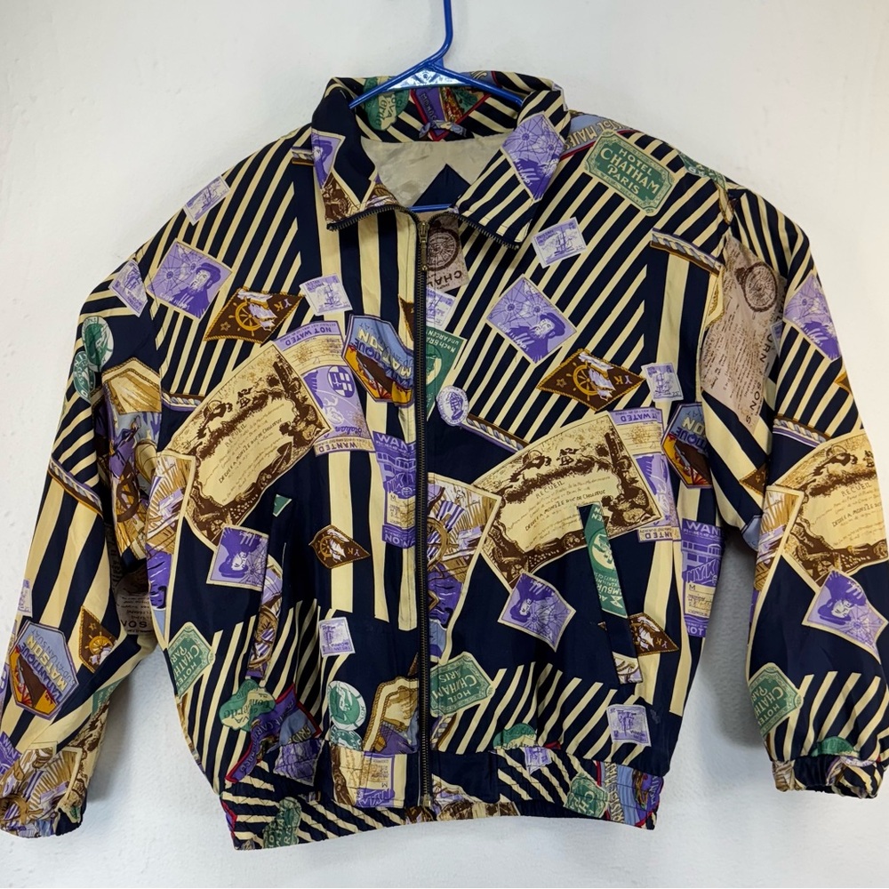 East West Silks Passport Print Jacket Travel Full Zip Womens Size Medium Vtg 80s